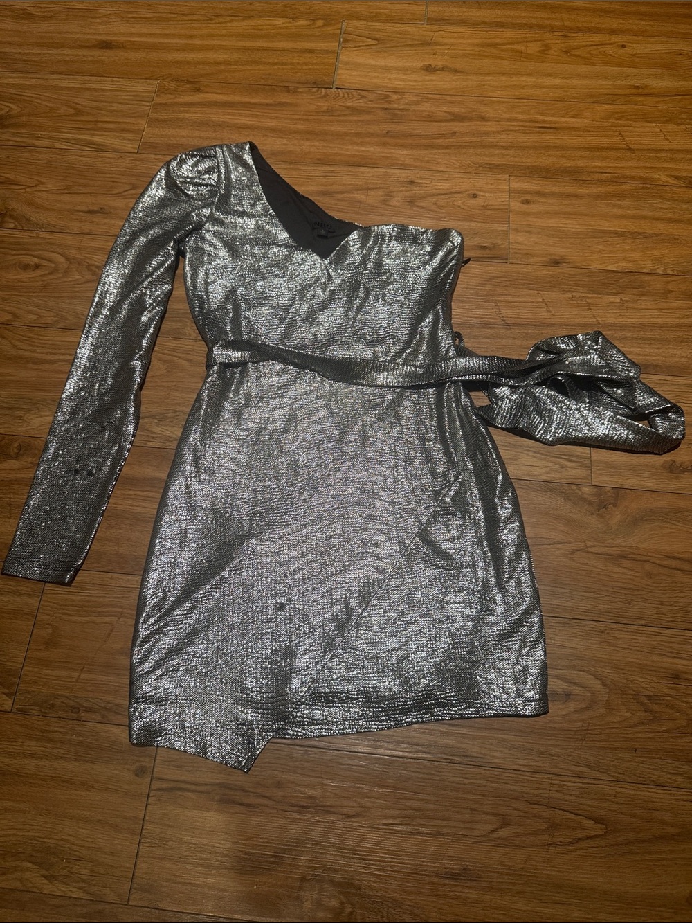NBD Silver One-Shoulder Metallic Wrap Dress